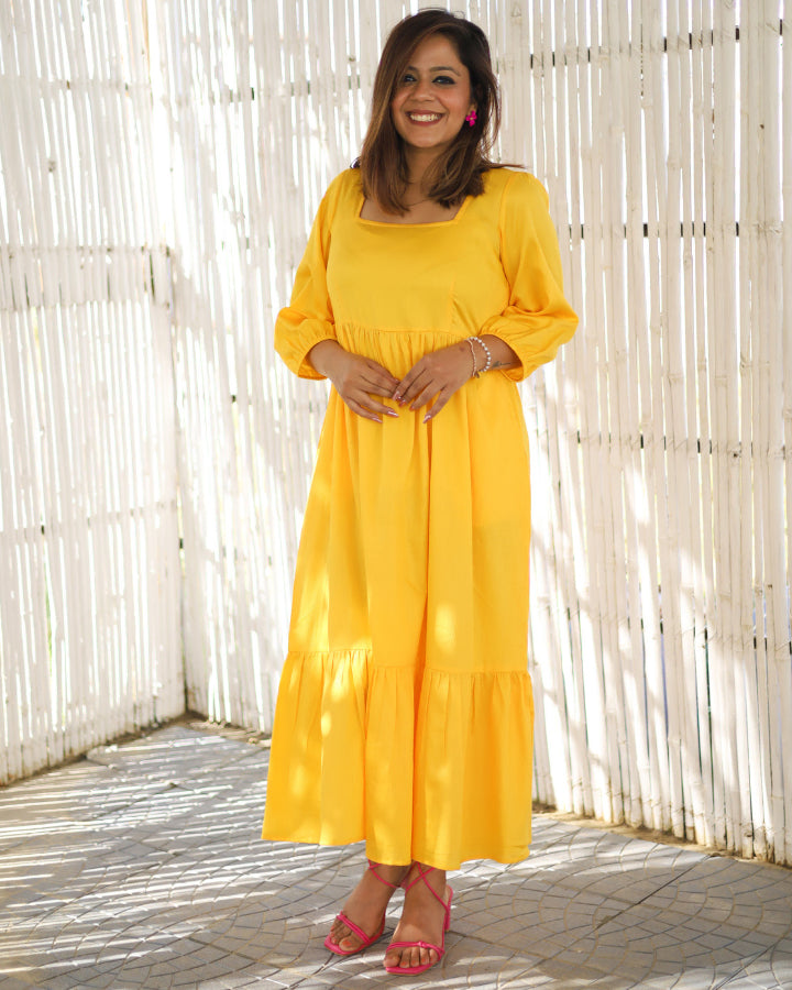 Sunshine Yellow Tiered Midi Dress
