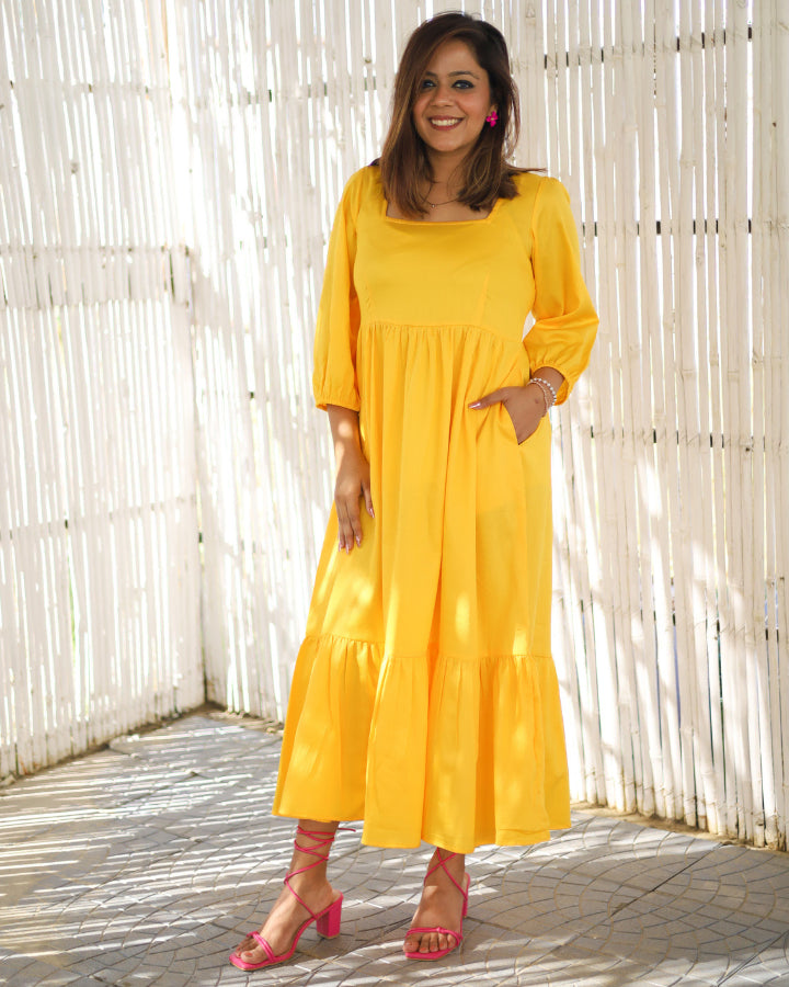 Sunshine Yellow Tiered Midi Dress