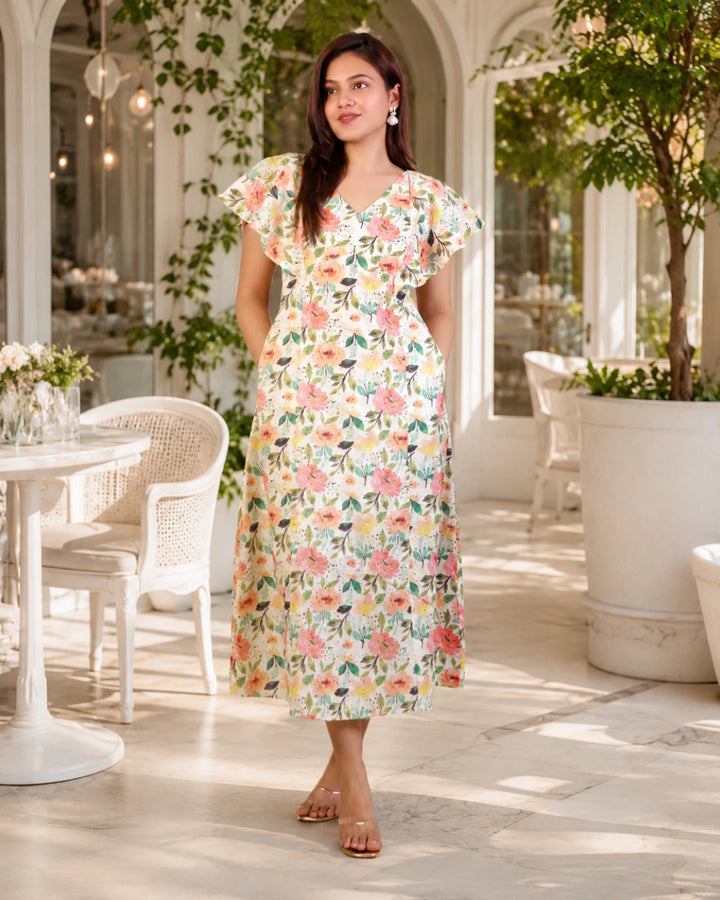 Sunshine Floral Print Schiffli Aline Cotton Dress