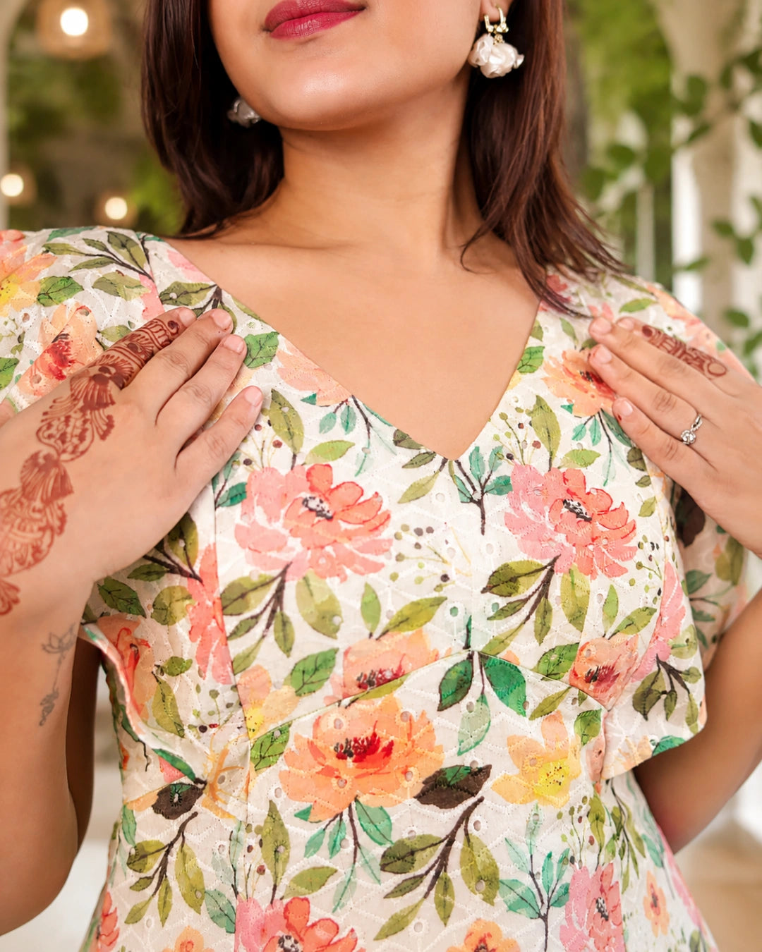 Sunshine Floral Print Schiffli Aline Cotton Dress