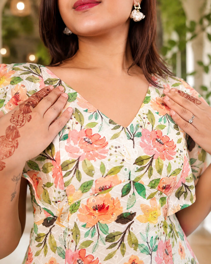 Sunshine Floral Print Schiffli Aline Cotton Dress