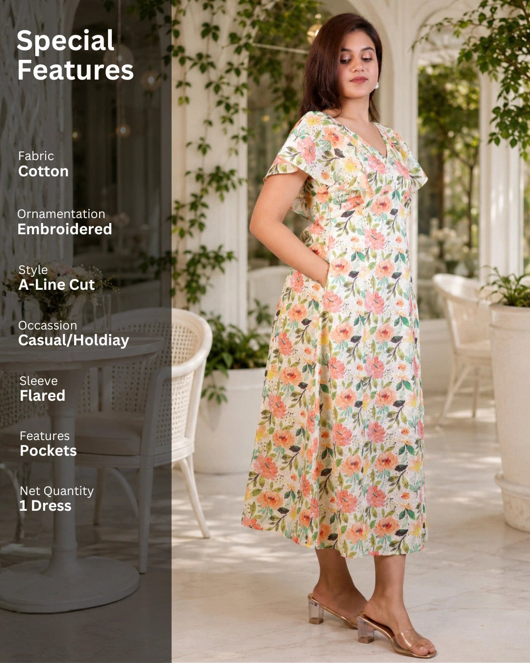 Sunshine Floral Print Schiffli Aline Cotton Dress
