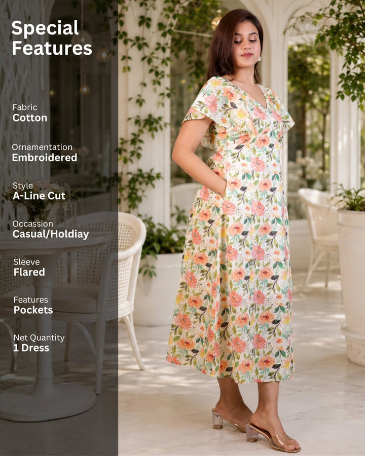 Sunshine Floral Print Schiffli Aline Cotton Dress