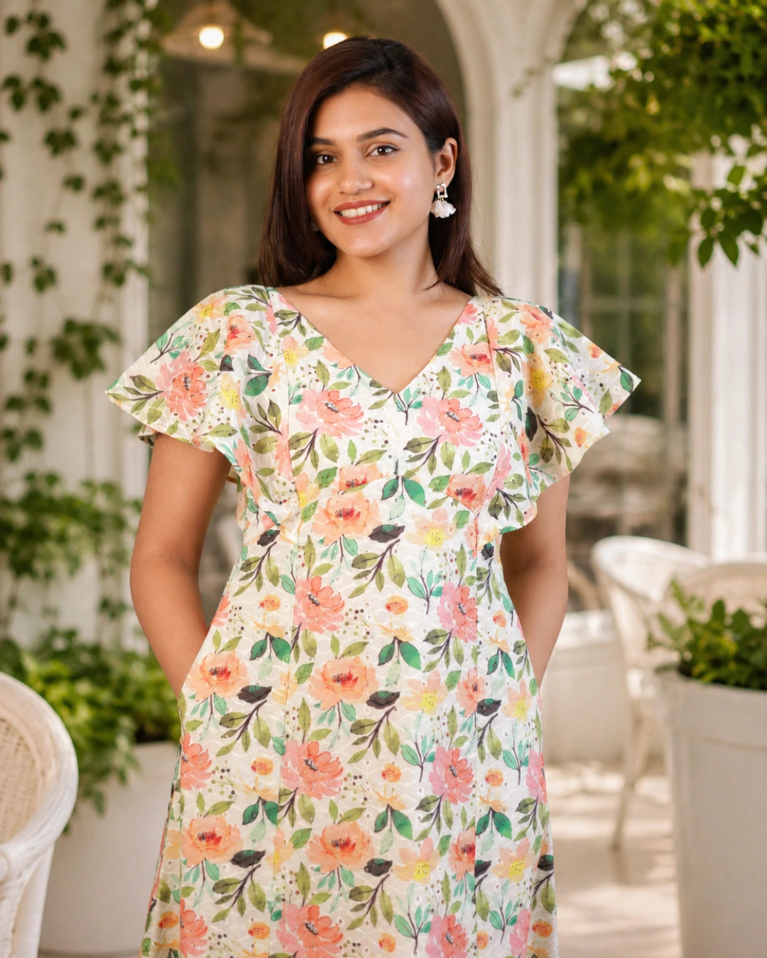 Sunshine Floral Print Schiffli Aline Cotton Dress