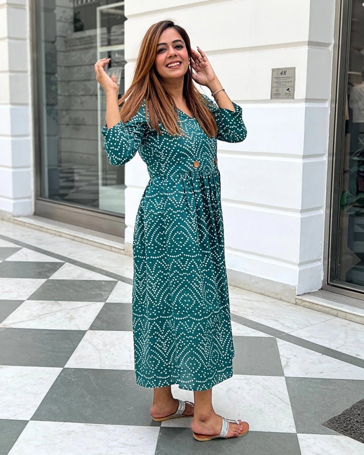Teal Green Bandhani A-Line Dress