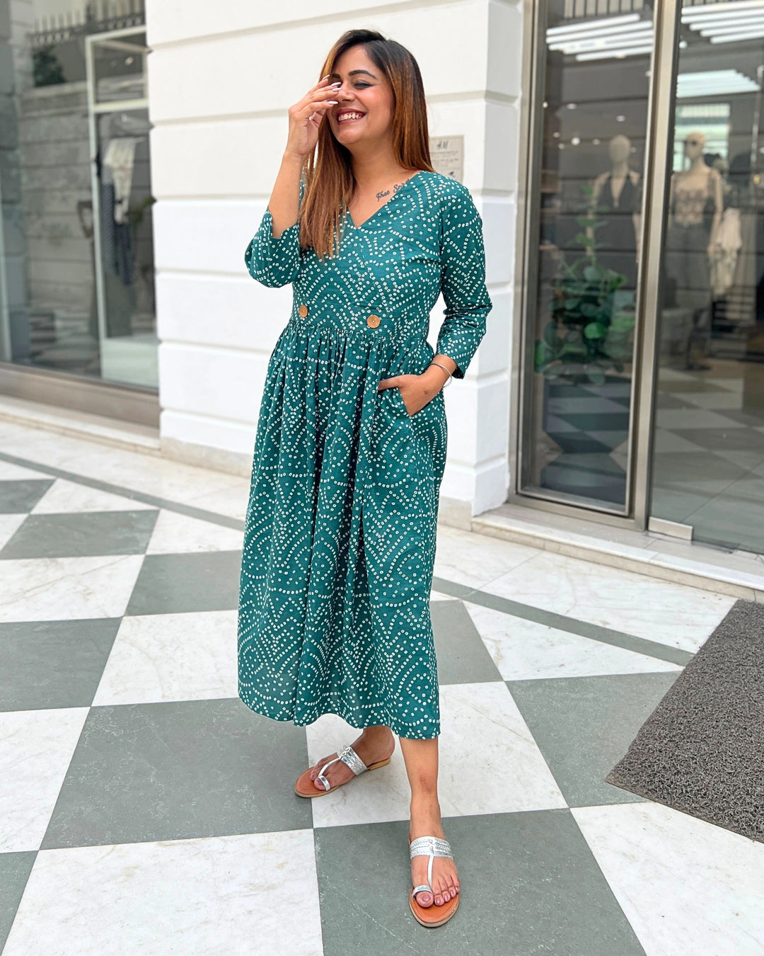 Teal Green Bandhani A-Line Dress