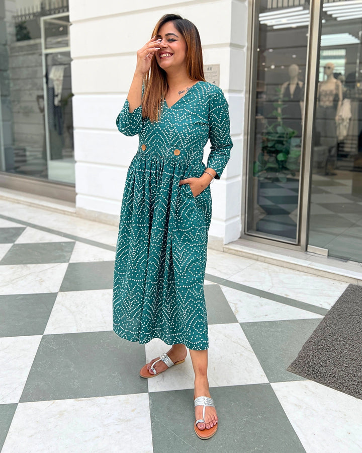 Teal Green Bandhani A-Line Dress