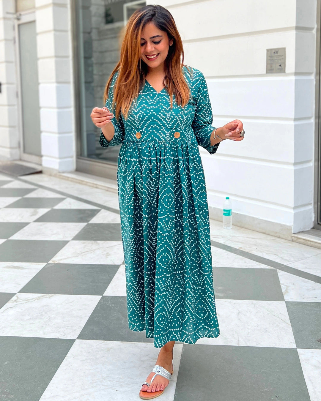 Teal Green Bandhani A-Line Dress