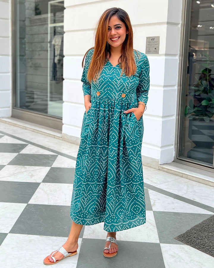Teal Green Bandhani A-Line Dress