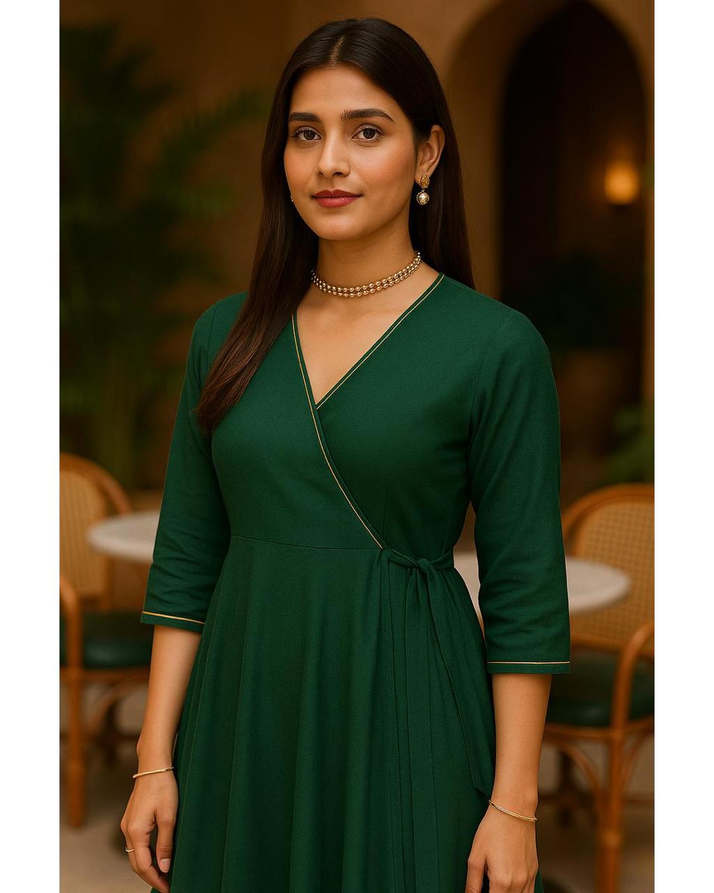 Bottle Green Cotton Angrakha Kurta