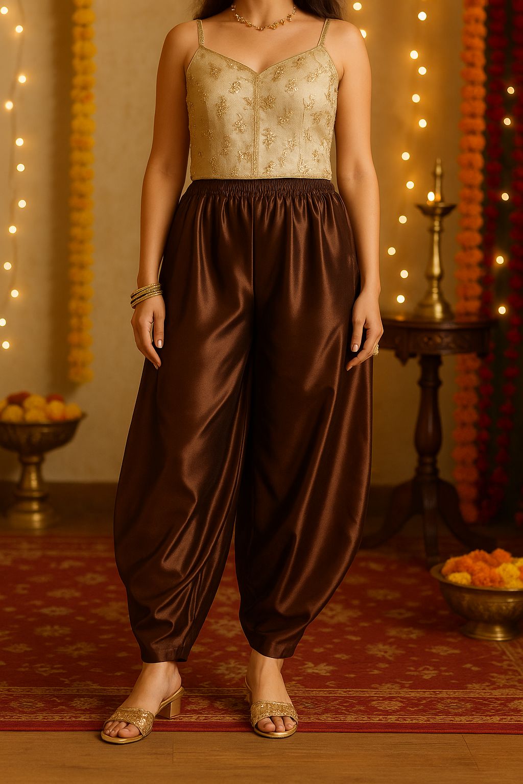 Brown Satin Cowl Pants For Women