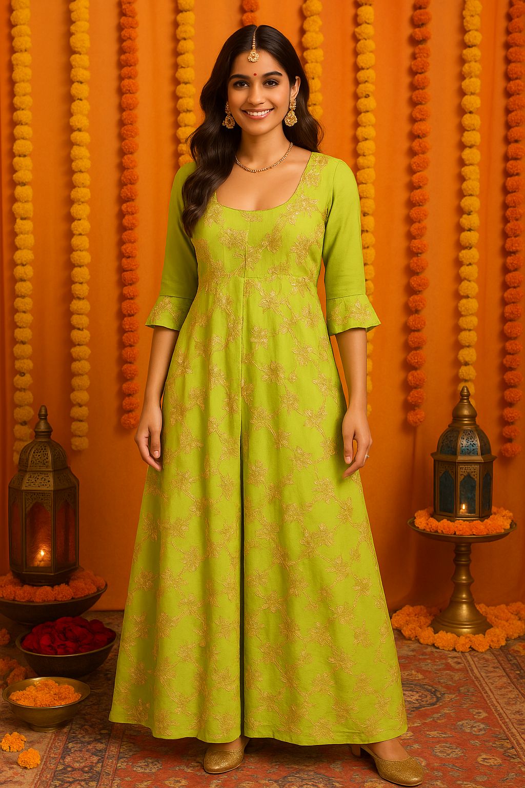 Lime Green Gota Embroidered Anarkali Dress For Women 