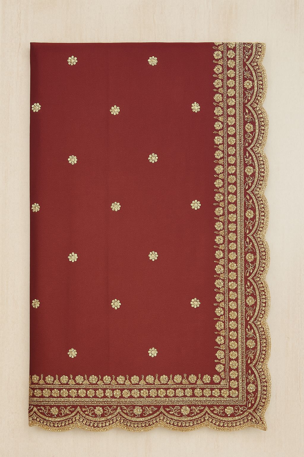 Maroon Organza Dupatta with Golden Embroidery
