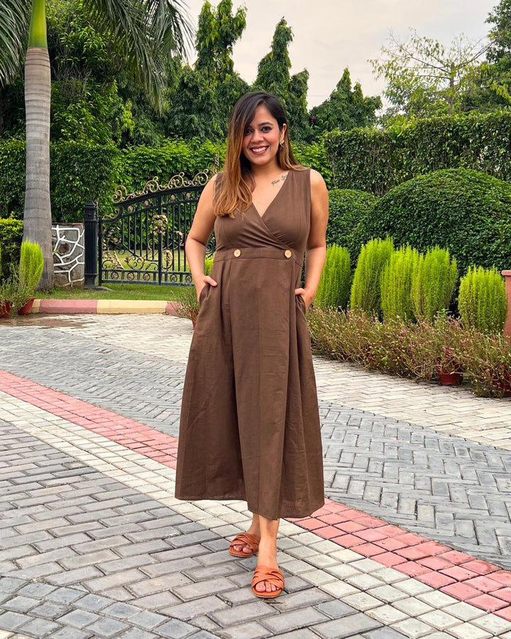 Mocha Brown V-Neck Linen Dress For Women