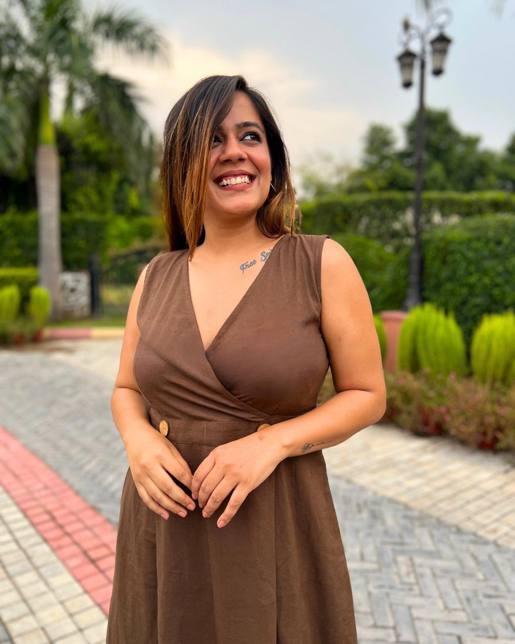 Mocha Brown V-Neck Linen Dress For Women