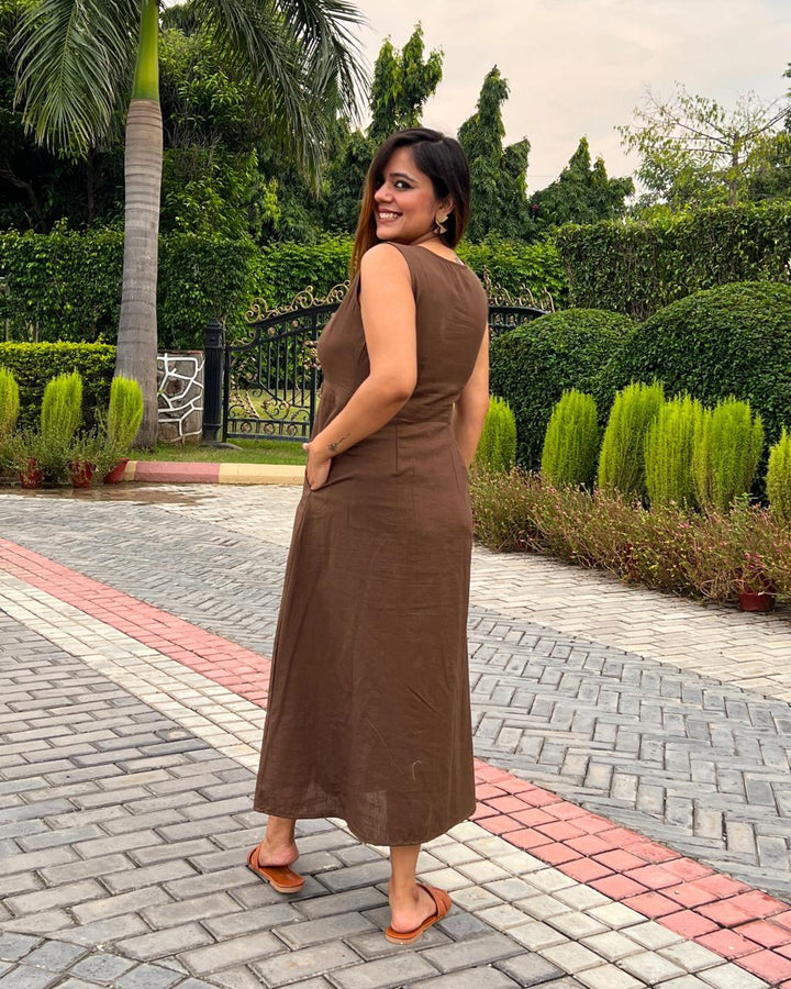Mocha Brown V-Neck Linen Dress For Women