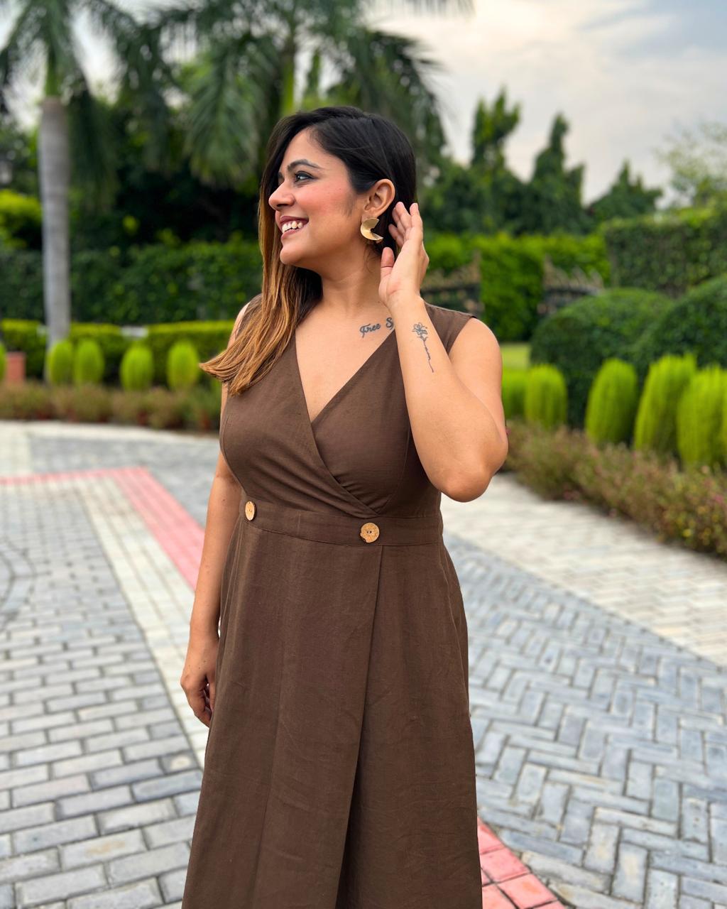 Mocha Brown V-Neck Linen Dress For Women