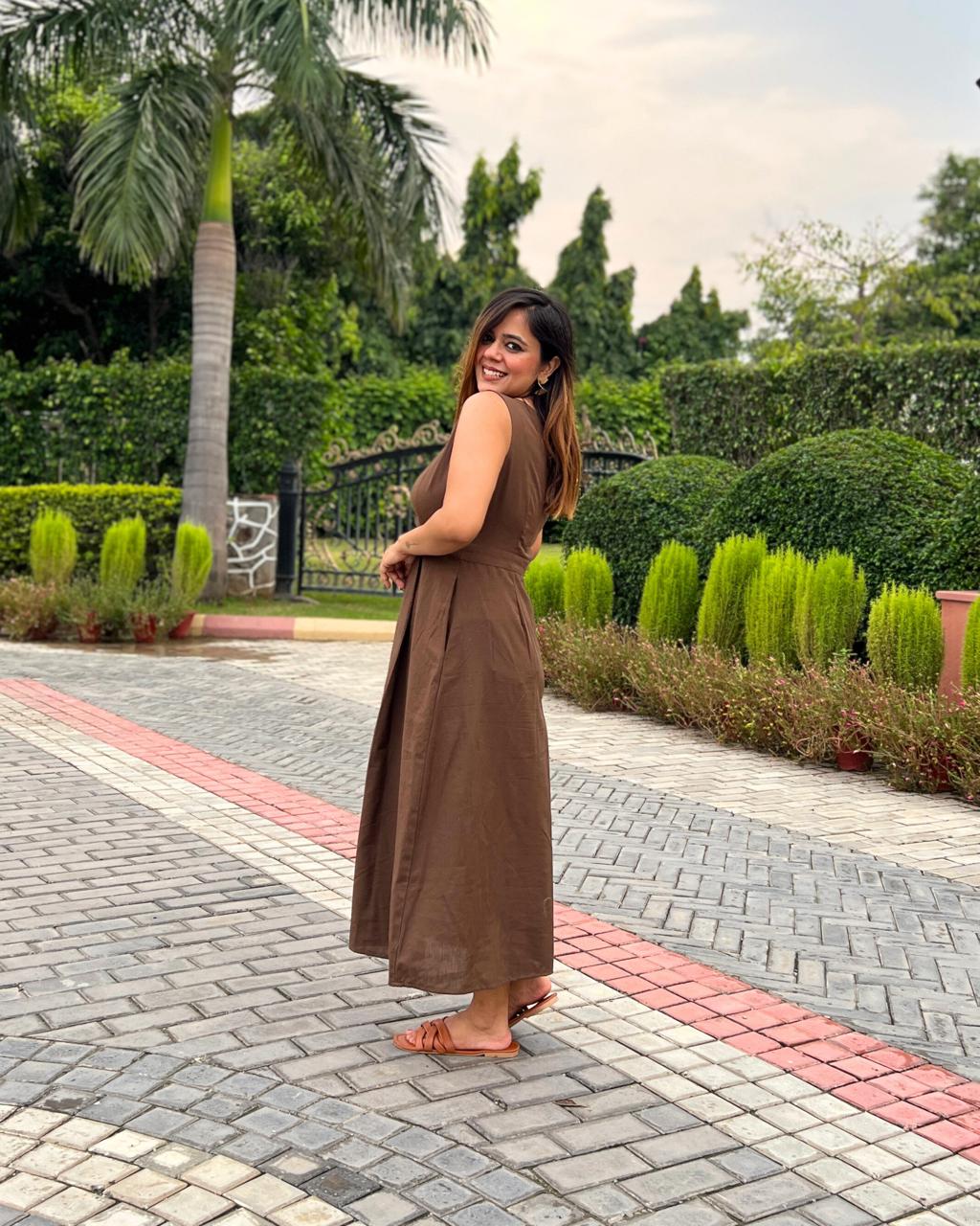 Mocha Brown V-Neck Linen Dress For Women