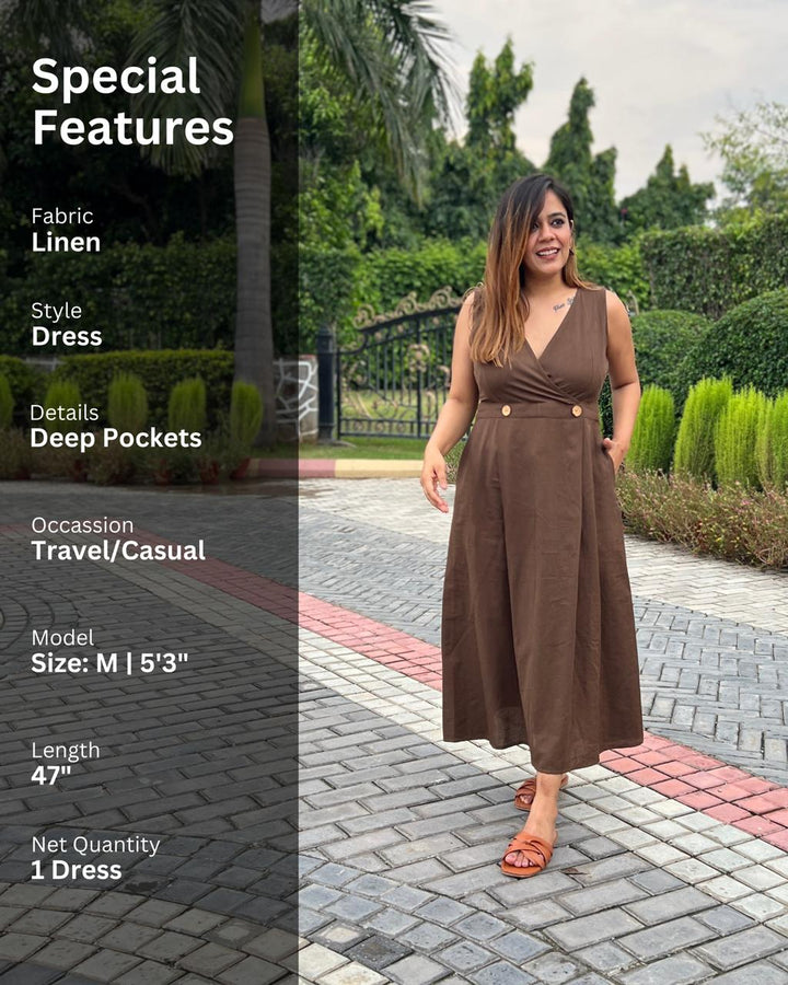 Mocha Brown V-Neck Linen Dress For Women