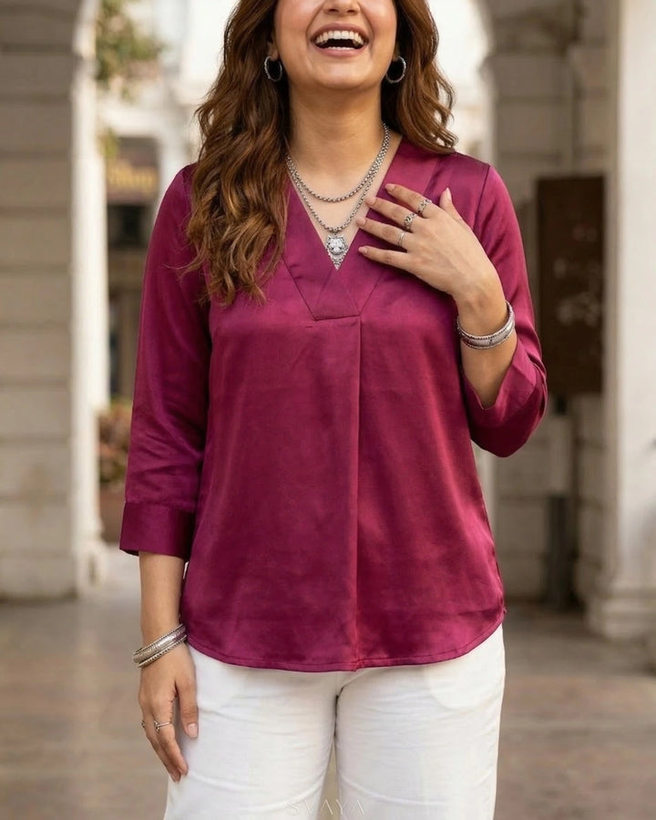 Whimsy Wine Satin Formal Top For Women