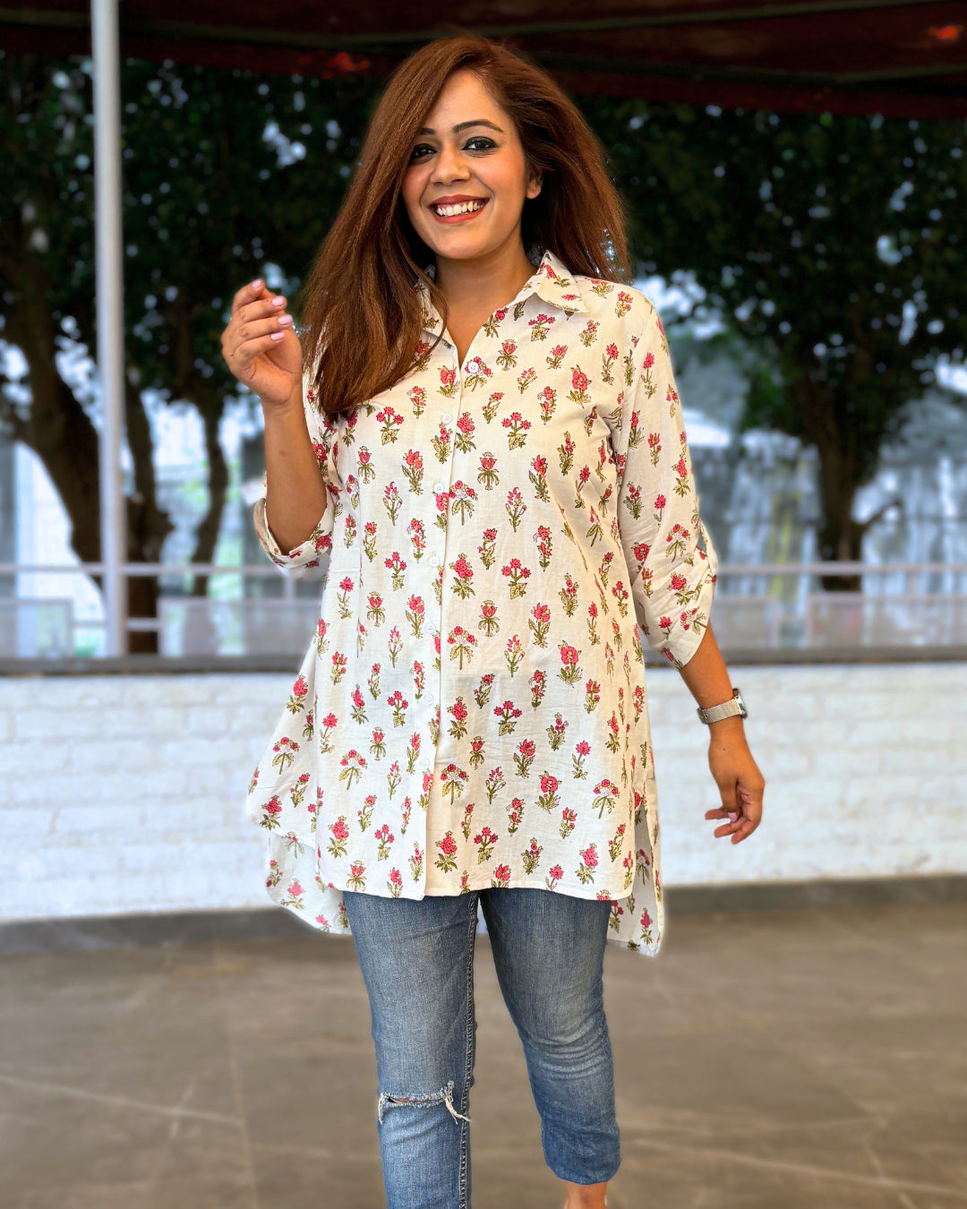 White Floral Printed Cotton Aline Shirt