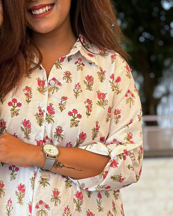 White Floral Printed Cotton Aline Shirt