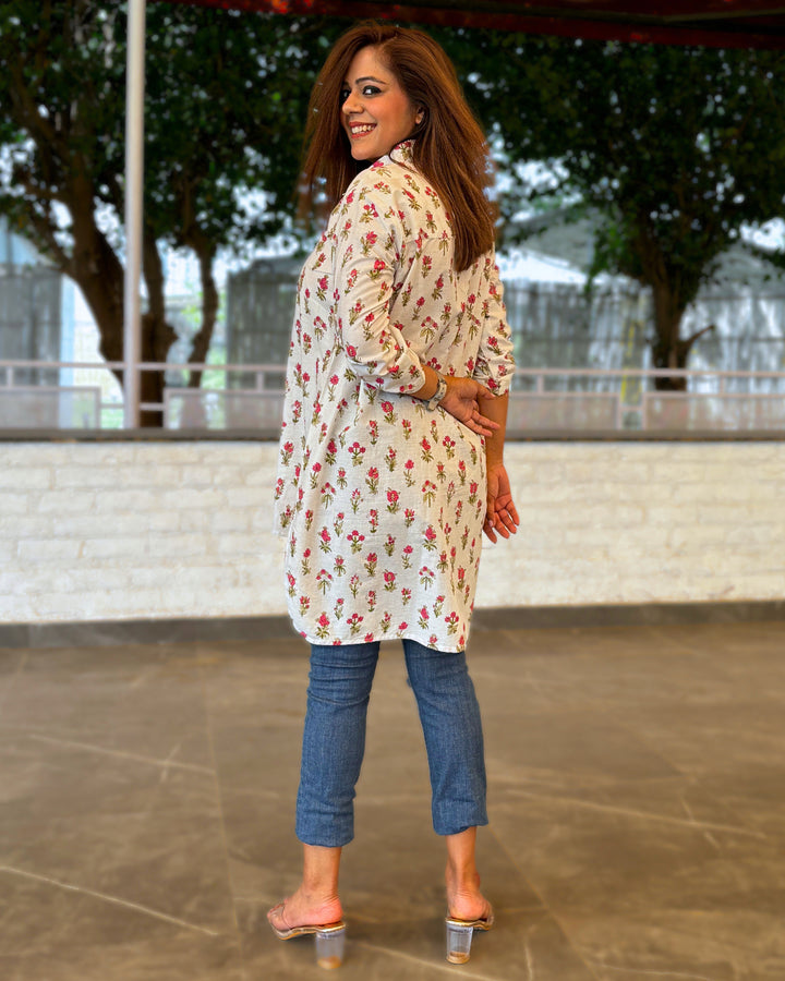 White Floral Printed Cotton Aline Shirt