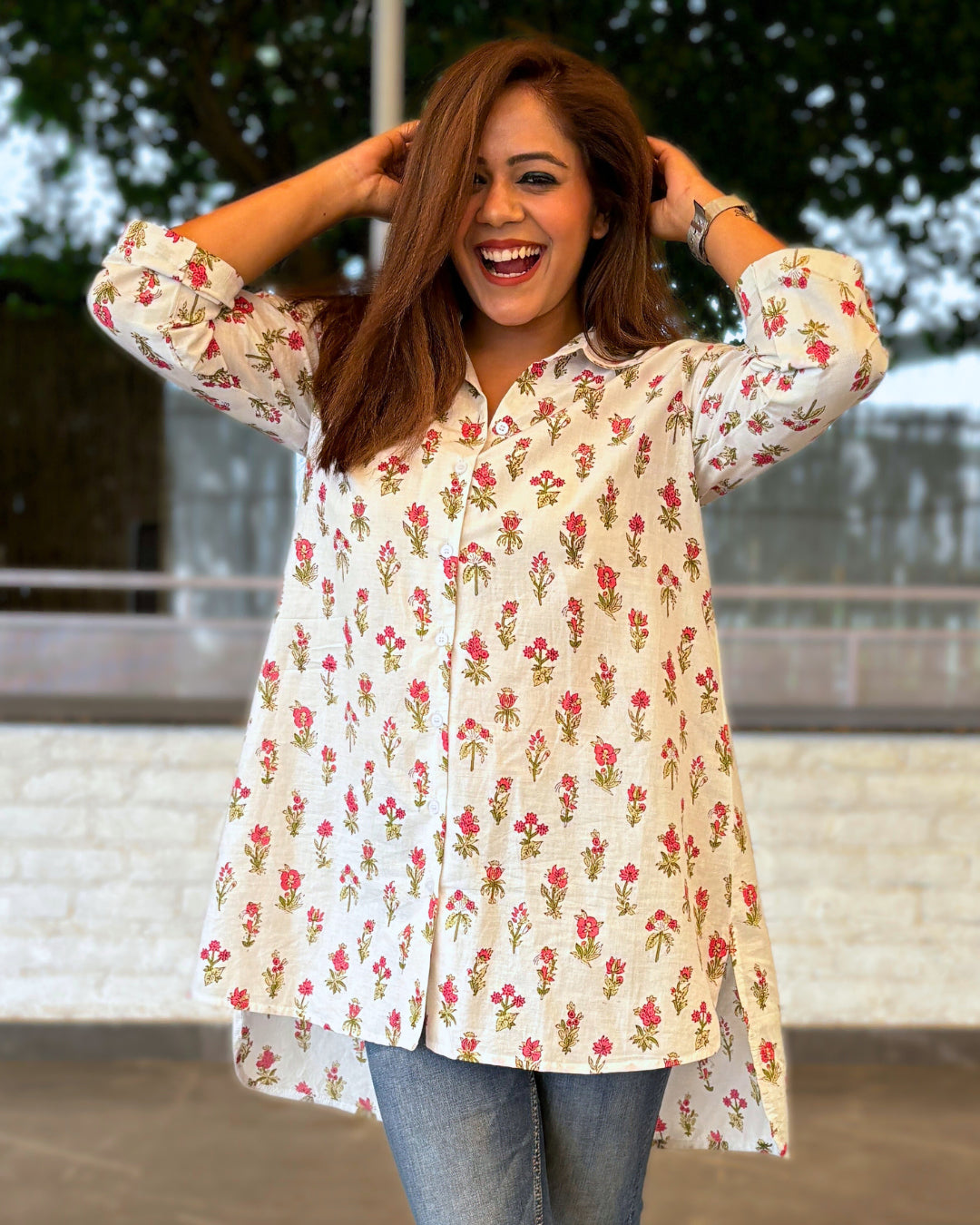 White Floral Printed Cotton Aline Shirt