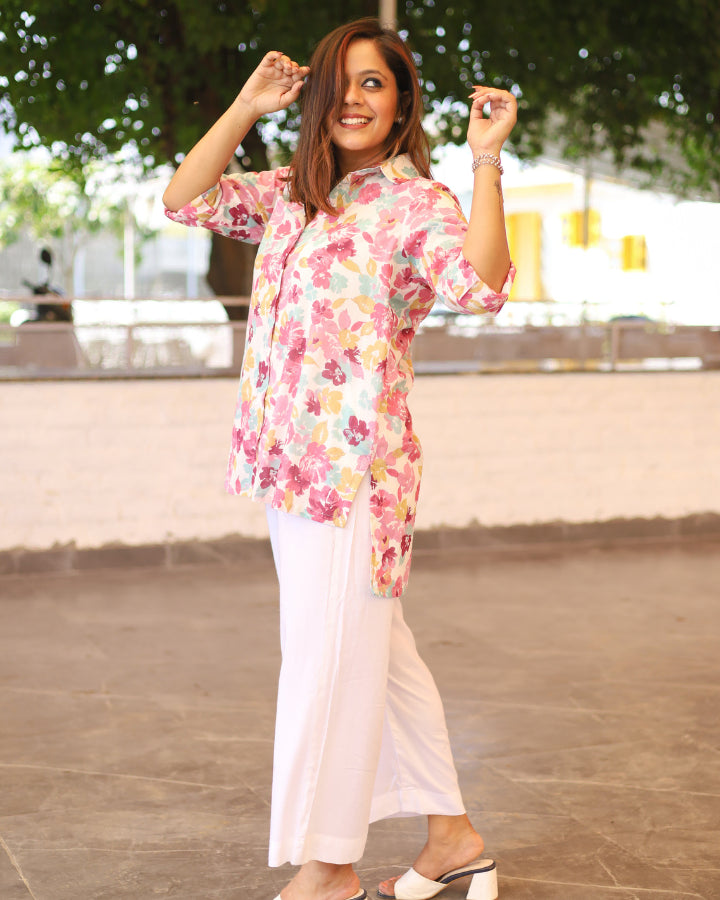 White Floral Printed Cotton Mul Shirt