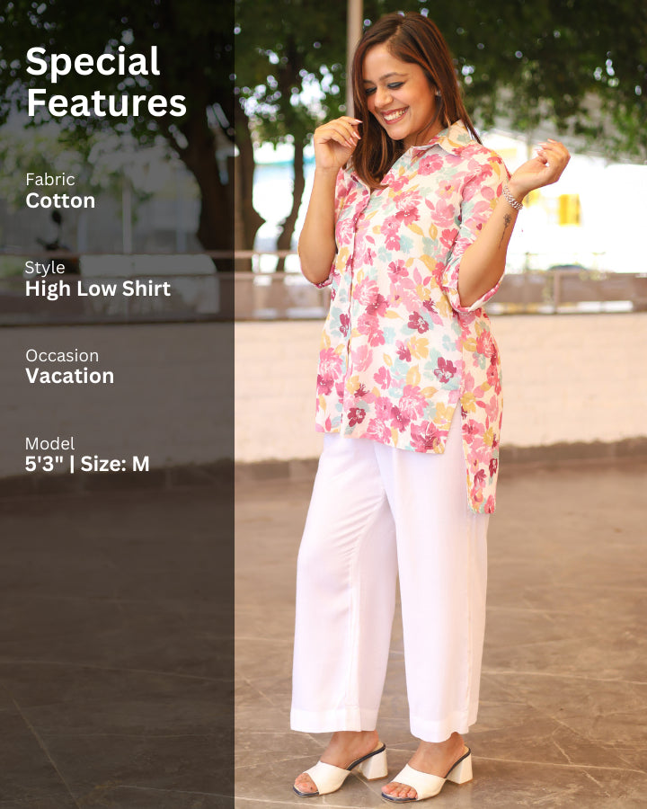 White Floral Printed Cotton Mul Shirt