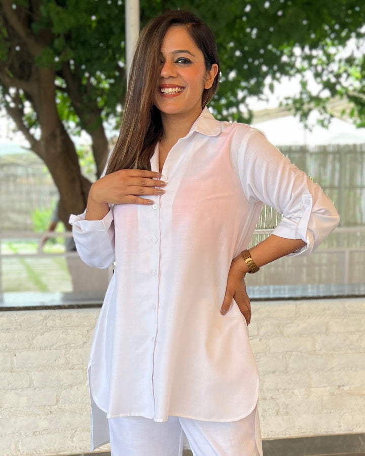 White Solid Aline Cotton Slub Shirt