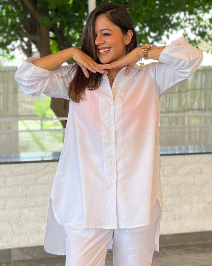 White Solid Aline Cotton Slub Shirt