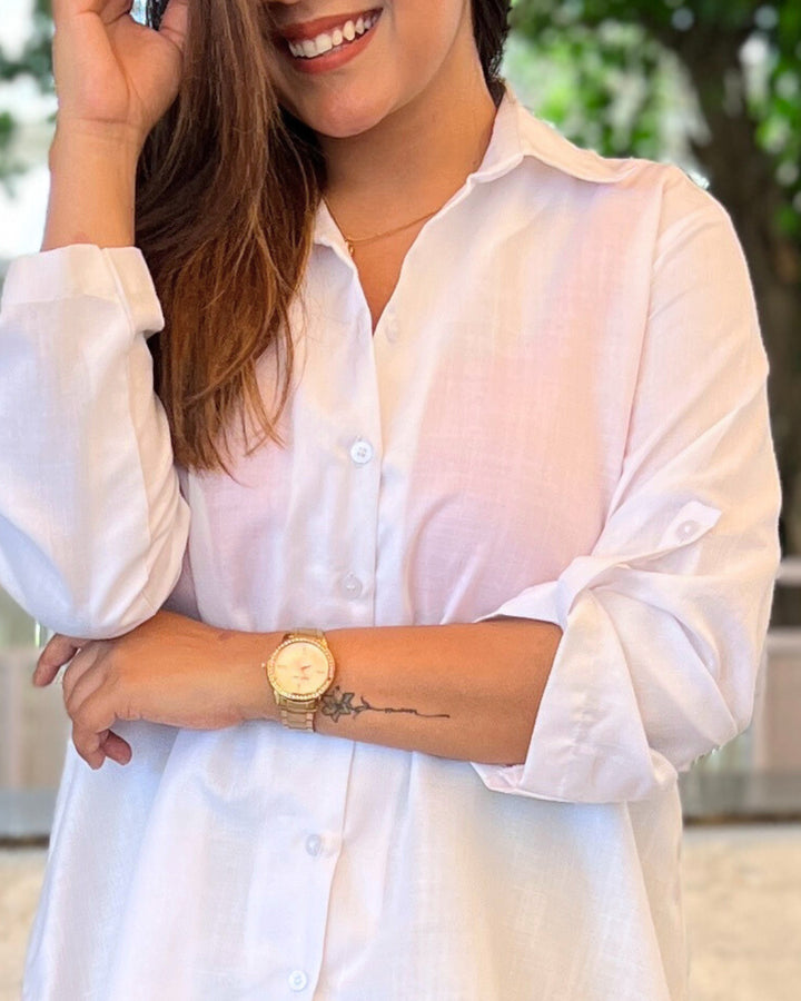 White Solid Aline Cotton Slub Shirt