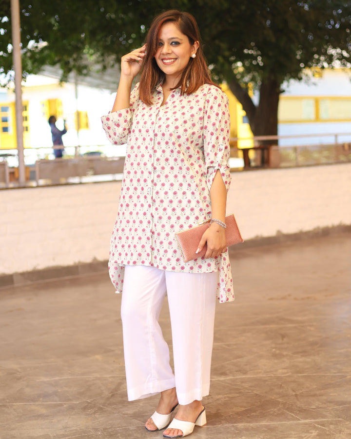 White & Pink Printed Cotton Aline Shirt