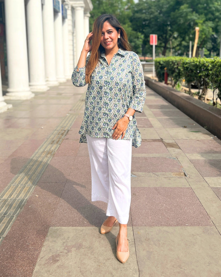 White & Blue Floral Printed Cotton Shirt For Women