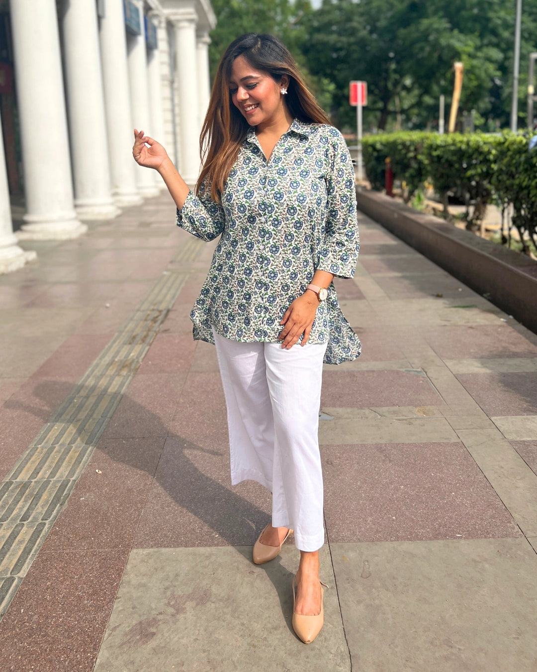White & Blue Floral Printed Cotton Shirt For Women