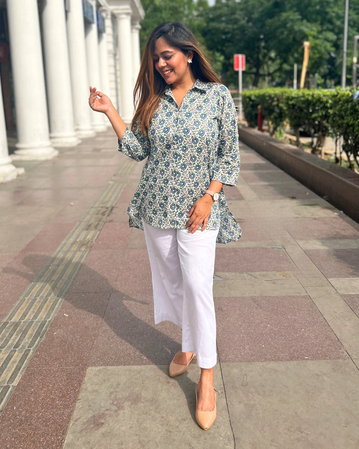 White & Blue Floral Printed Cotton Shirt For Women