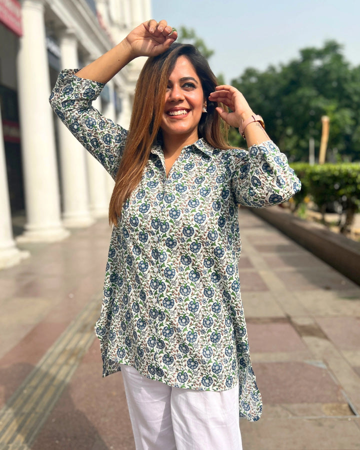 White & Blue Floral Printed Cotton Shirt For Women