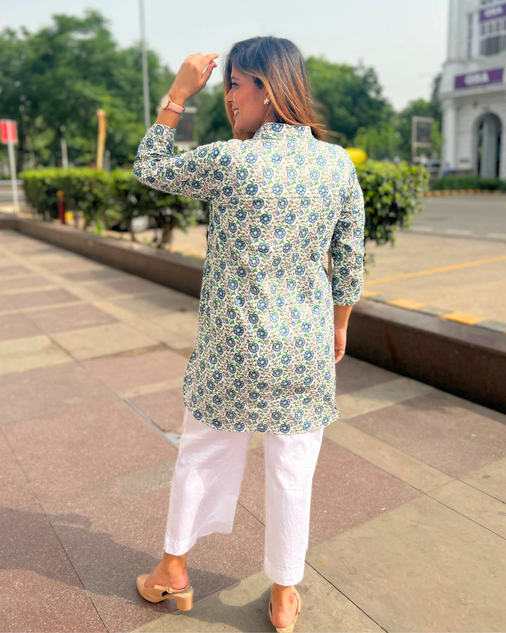 White & Blue Floral Printed Cotton Shirt For Women