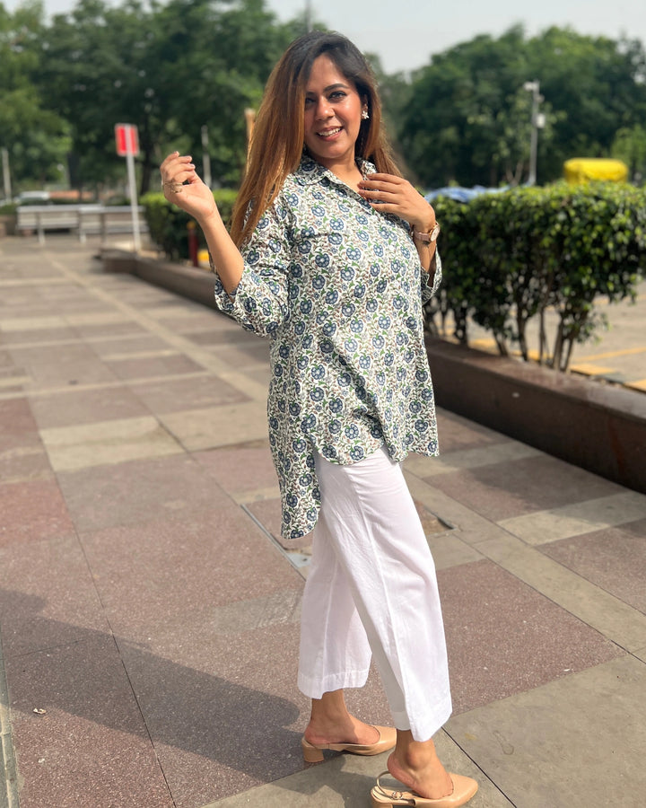 White & Blue Floral Printed Cotton Shirt For Women