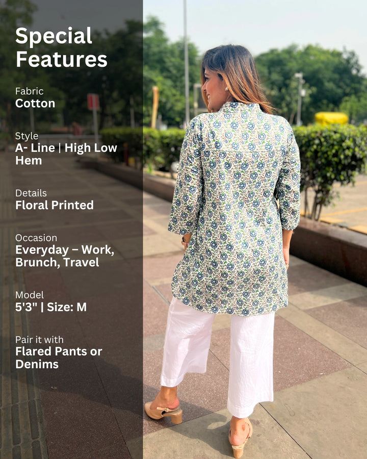 White & Blue Floral Printed Cotton Shirt For Women
