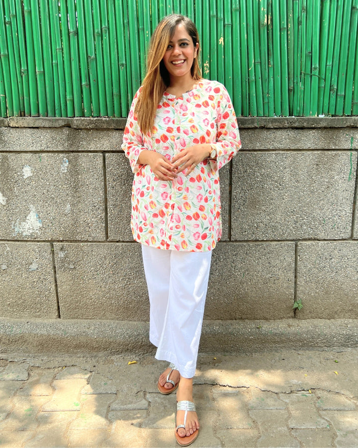 White Cotton Floral Shirt For Women