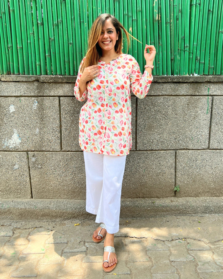 White Cotton Floral Shirt For Women