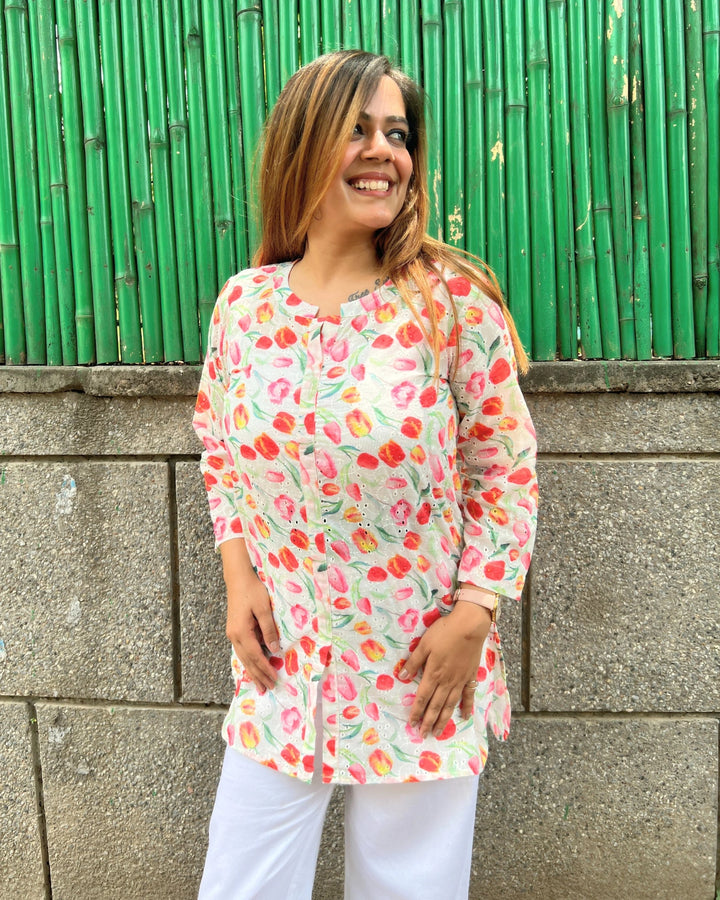 White Cotton Floral Shirt For Women