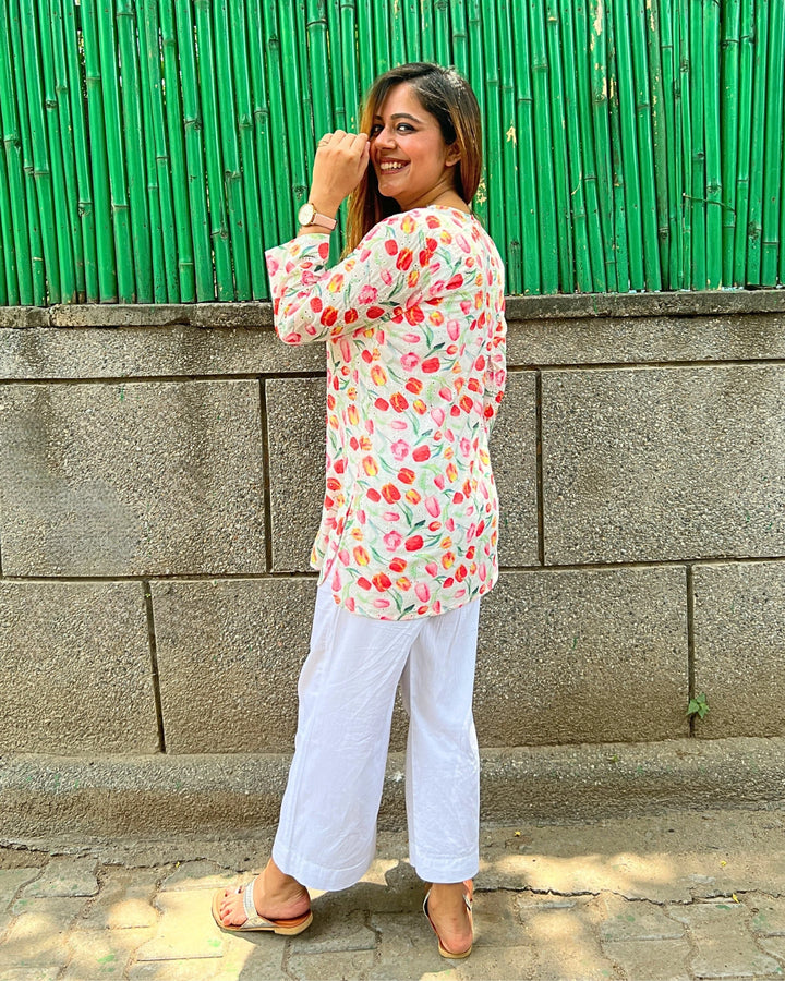 White Cotton Floral Shirt For Women