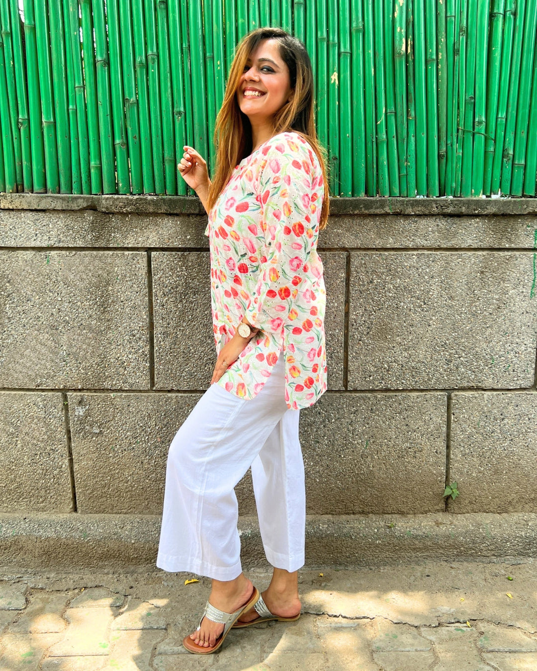 White Cotton Floral Shirt For Women