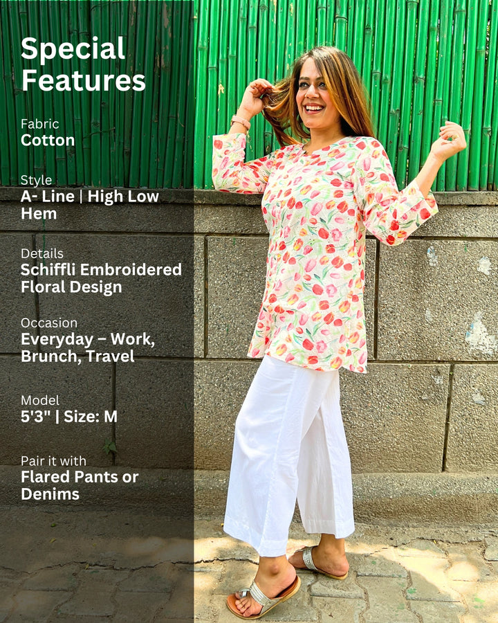 White Cotton Floral Shirt For Women