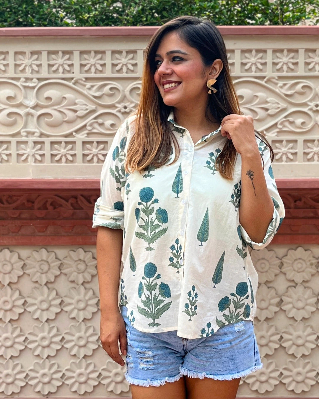 White Cotton Shirt With Blue Floral Print For Women