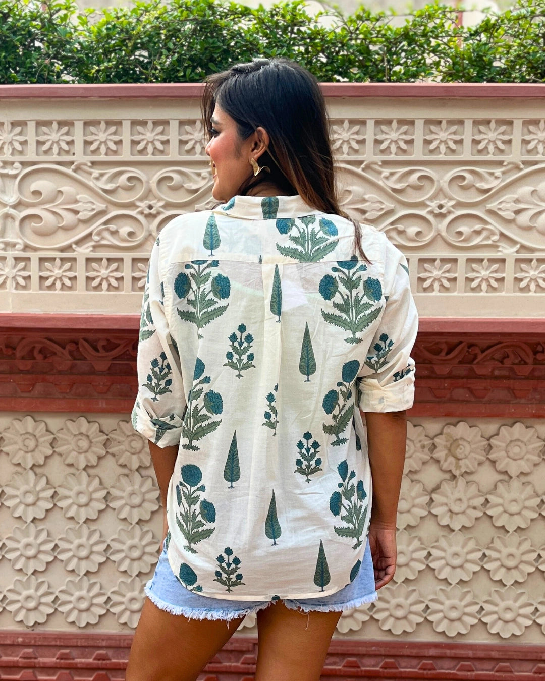White Cotton Shirt With Blue Floral Print For Women