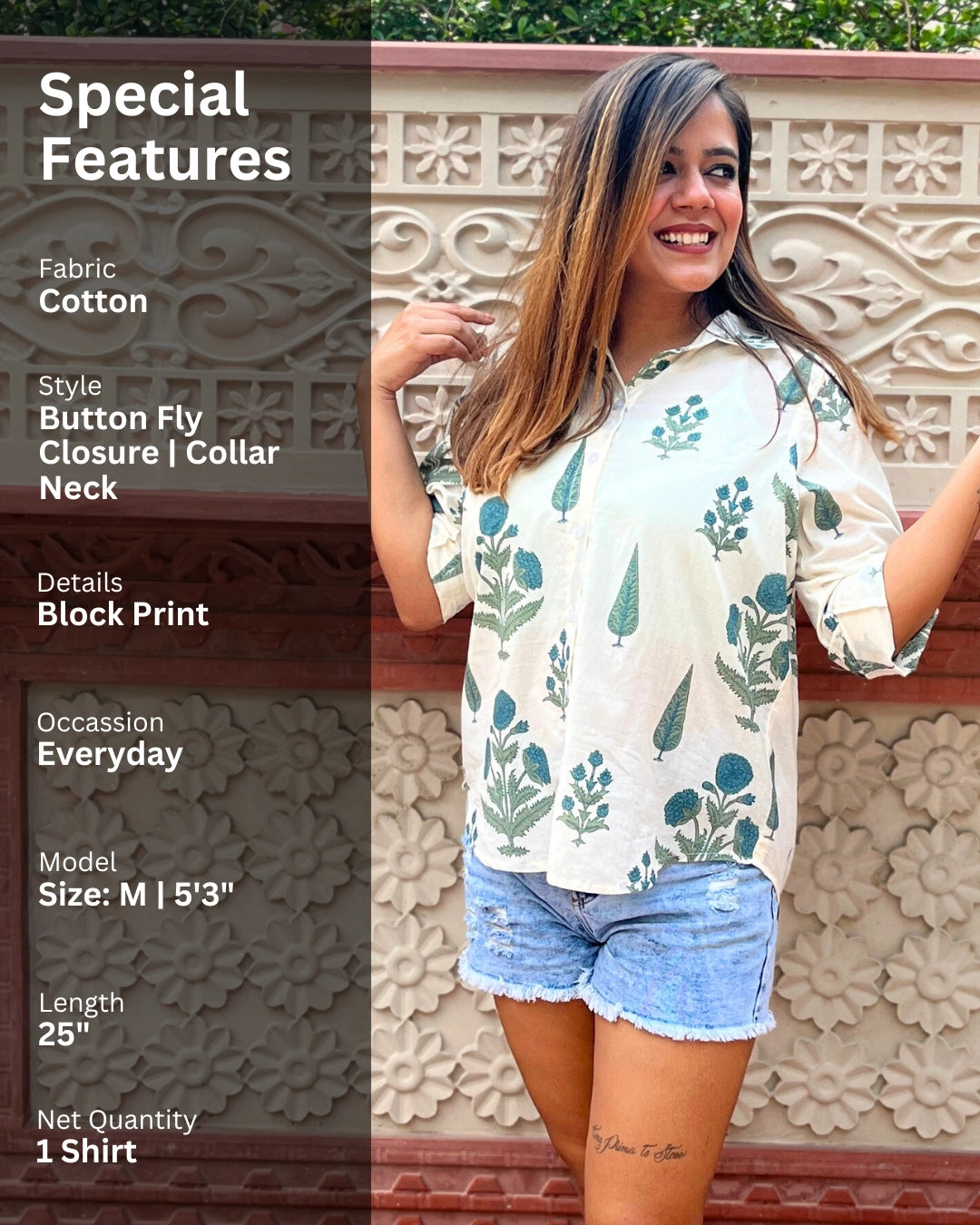 White Cotton Shirt With Blue Floral Print For Women